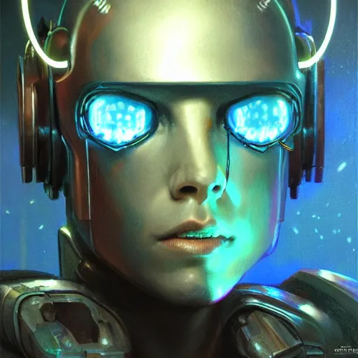 Image similar to robot as a realistic scifi cyberpunk knight, closeup portrait art by donato giancola and greg rutkowski, vintage retro scifi, realistic face, digital art, trending on artstation, glowing energy shielf, symmetry!!!