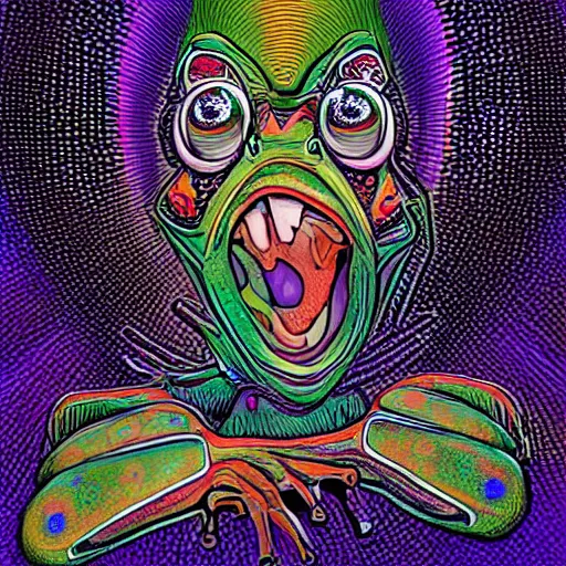 Image similar to Alex Jones turning thousands of frogs gay. Super resolution. Award winning illustration art in the style of Alex Grey