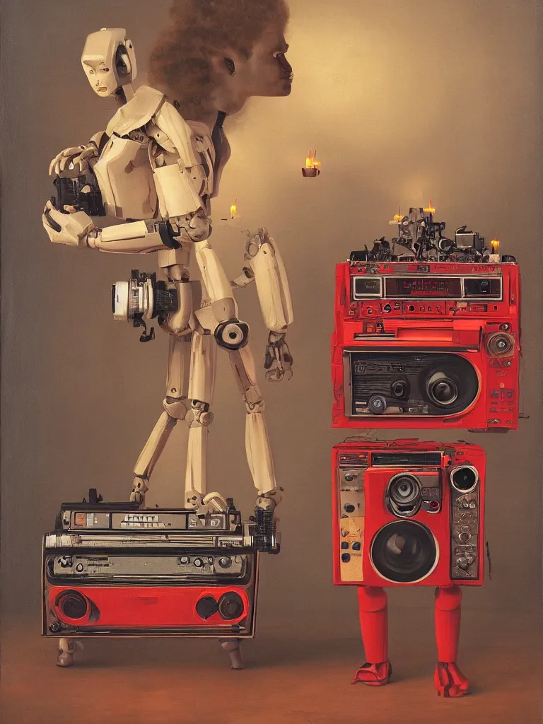 Prompt: allegory painting of an humanoid robot with a ghettoblaster boombox for a head, wooden body, normal body proportions, room lit by candles, red fox