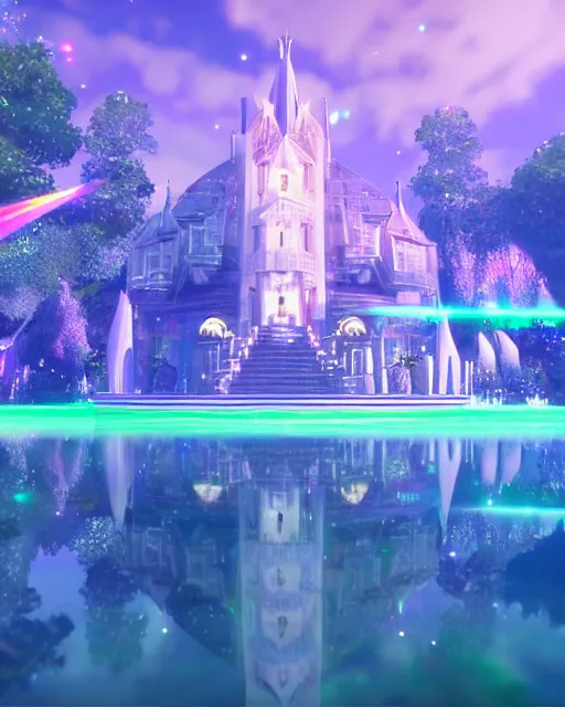 Image similar to a beautiful holograph of crystal castle by makoto shinkai, unreal engine, dreamlike, reflection, soft lighting, gems, prism, iridescence