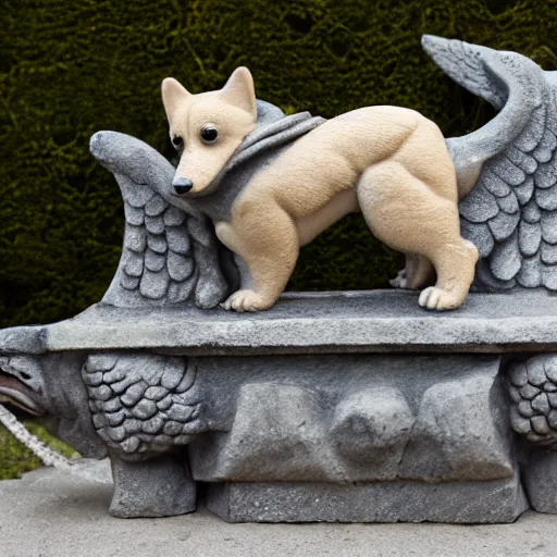 Image similar to corgi gargoyle with wings made of stone, uncropped, photography