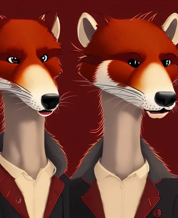 Image similar to furry - male - red - black - weasel - detective - fursona uhd ue 5 visual novel expressions, photorealistic, trending on weasyl