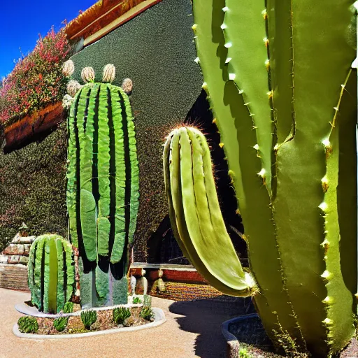Prompt: a gigantic cactus in the centre of a courtyard, sun streaming in, shadows, high detail, realistic photo