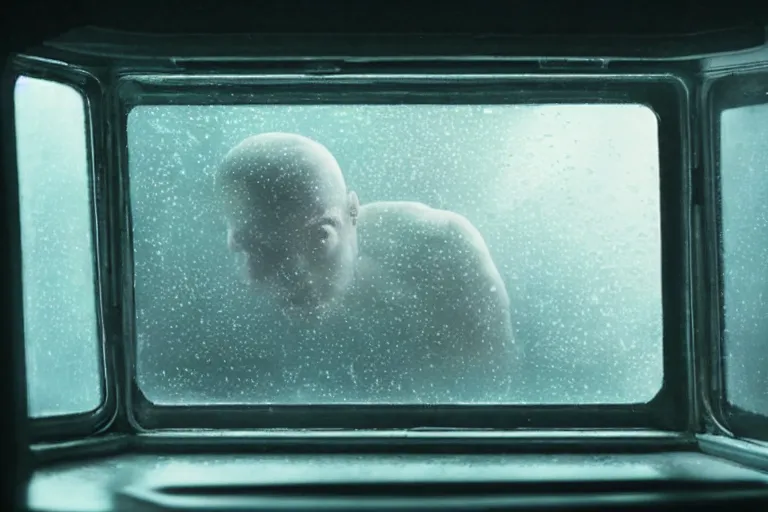 Prompt: a cinematic painting of an alien creature inside of spaceship looking out of a small rainy window, beautiful lighting, high depth, ultra realistic, artistic, by annie leibovitz and zack snyder