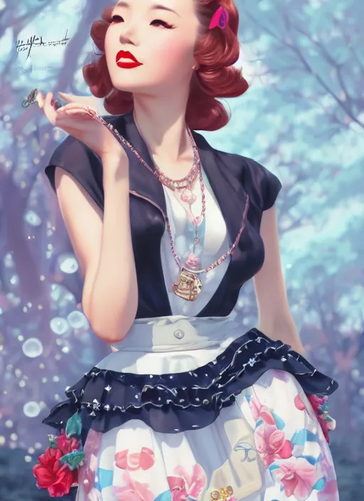 Image similar to a pin up and beautiful fashion dreamlke japan girl with lv jewelry, character art, art by artgerm, wlop, loish, hyperdetailed, 8 k realistic, symmetrical, global illumination, radiant light, frostbite 3 engine, cryengine, dof, trending on artstation, digital art, chanel, dior, detailed background