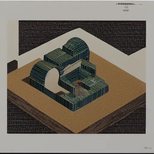 Prompt: a three color screen print of an isometric view of an anthropological conceptual object, anthropomorphic, fujifilm,