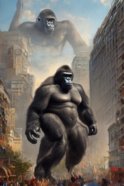Prompt: giant gorilla destroying a city, detailed, 8 k, trending on artstation, smooth, sharp focus artwork by mark arian, artgerm, mark keathley, greg rutkowski and alphonse mucha