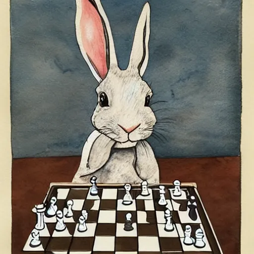 Prompt: a rabbit playing chess, seen from the opponents point of view, watercolour realism