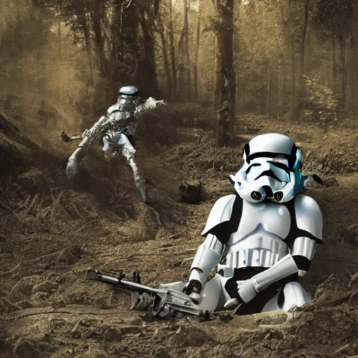 Prompt: war photography, the falling soldier, imperial stormtrooper, moment of death frozen in time, in endor, the body lies placidly on the ground, groundbreaking, breathtaking, awardwinning, by robert capa, digital intricate art, hyperrealist, detailed, 8 k, 3 5 mm, canon, extreme long shot