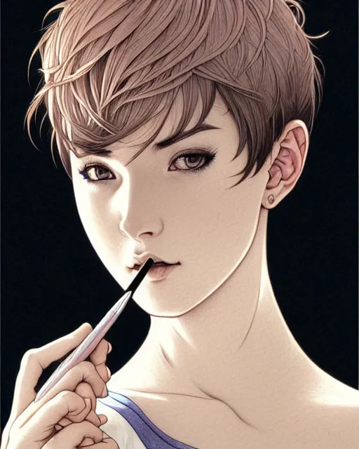 Image similar to ' bored woman with short hair ', closeup shot of face, beautiful shadowing, soft shadowing, reflective surfaces, illustrated completely, 8 k beautifully detailed pencil illustration, extremely hyper - detailed pencil illustration, intricate, epic composition, masterpiece, bold complimentary colors. stunning masterfully illustrated by artgerm, range murata, alphonse mucha, katsuhiro otomo.