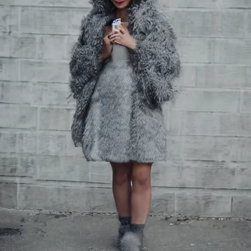 Prompt: formal woman in a dress and gray fuzzy fur coat, white brick basement intricate dirty backdrop