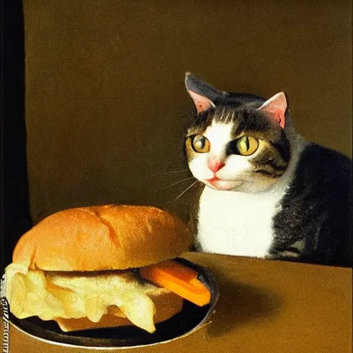 Prompt: A oil painting of a close up shot of cat eating a single sandwich by Johannes Vermeer