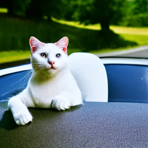 Image similar to a white cat with blue eyes driving a sport car, austria, film still, sound of music, 4 k, 8 k