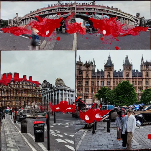 Image similar to A British European City with cars and people roaming inside of the city, certain aspects of the background are lens blurred, splatters of red on the border of the image, some of the people are even painted red, black and white photograph painting, real life, realistic, hyperrealistic, very realistic, photo photograph, photo, photograph, painting, oil painting, ultra realistic, very detailed, extremely detailed, highly detailed, HD Quality, 4k resolution, 8k resolution, trending on artstation, in the style of an Album Cover, cool, epic, nostalgic, intricate details, black and white image