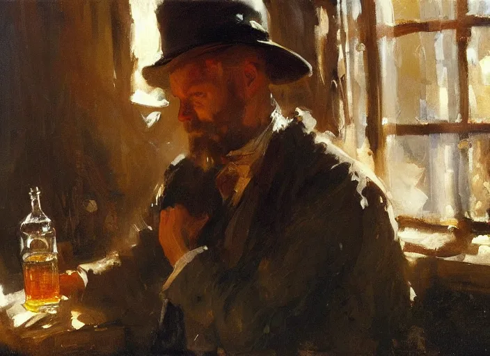 Image similar to oil painting of whiskey bottle, art by anders zorn, wonderful masterpiece by greg rutkowski, beautiful cinematic light, american romanticism by greg manchess