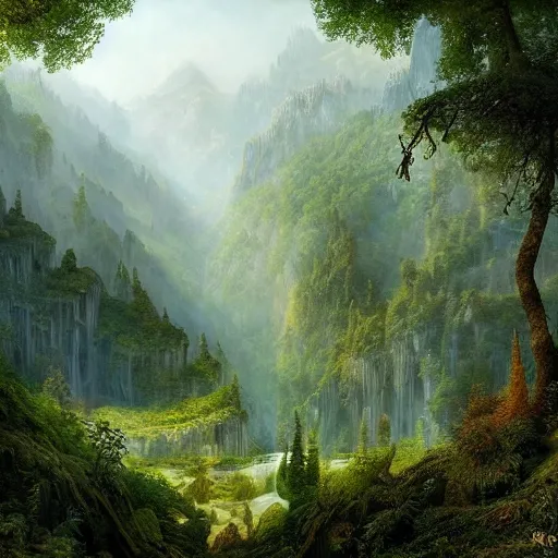 Prompt: a beautiful and highly detailed matte painting of a fantasy forest in the lush valley high in the most epic mountains ever, intricate details, epic scale, insanely complex, 8 k, sharp focus, hyperrealism, very realistic, by caspar friedrich, greg rutowski, james gurney
