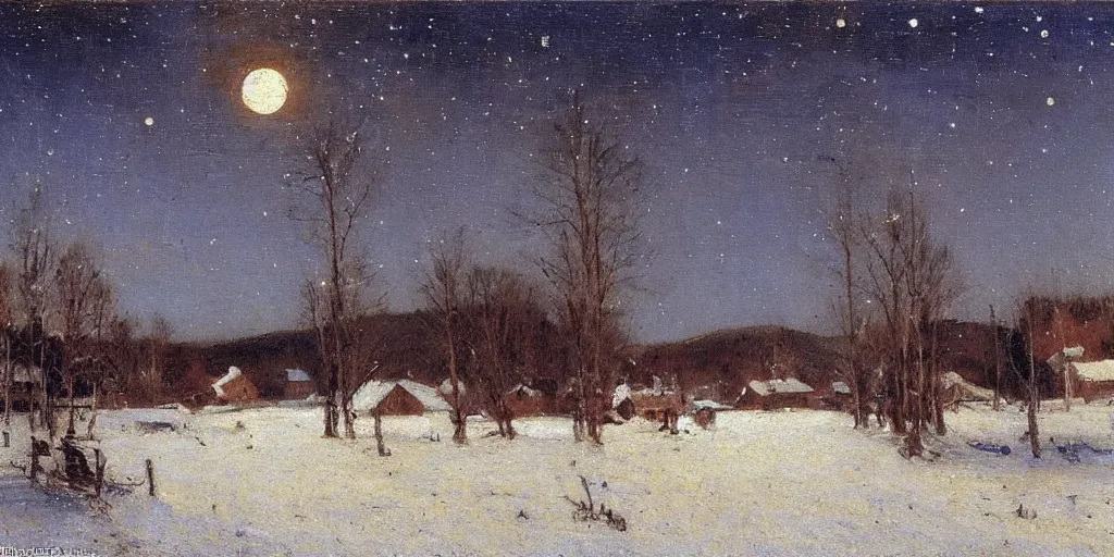 Image similar to a scene of a small rural russian village at night, stars, moon, wintertime, painting by frank weston benson