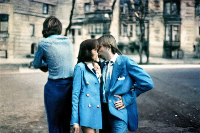 Prompt: film photography, 35mm, 1970s, love and romantic in blue colors, feeling of young and freedom, in style of Joel Meyerowitz