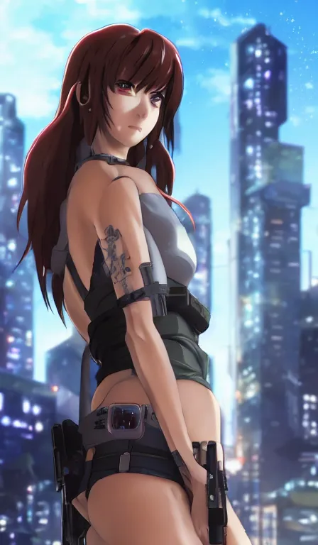 Prompt: anime fine details portrait of Revy in front of cyberpunk moder city landscape on the background deep bokeh, close-up view, anime masterpiece by Studio Ufotable. 8k, sharp high quality anime, artstation