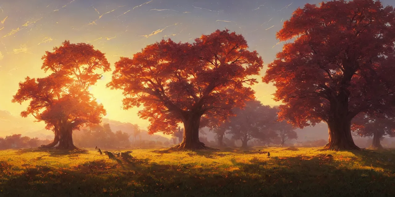 Prompt: a beautiful, stunning landscape with a giant oak tree in the fall sunset by makoto shinkai syd meade simon stalenhag environment
