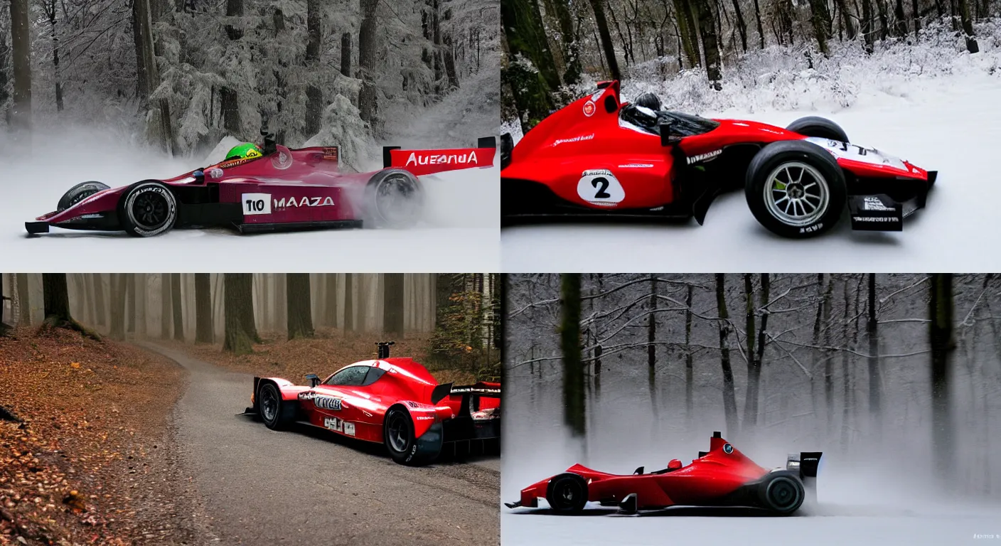 Prompt: a 2 0 0 8 mazda furai, racing through a rally stage in a snowy forest