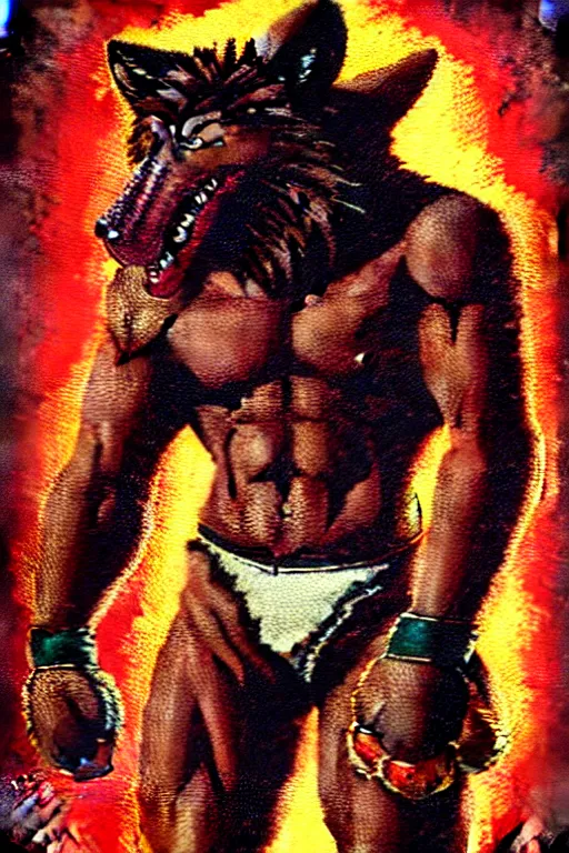 Image similar to extreme long shot. ultra jpeg compression. 8 bit nes graphics. 8 0's. vhs artefacts. antropomorphic muscular masculine wolf. kickboxer fighter, in shorts. wolf head. angry. fine details, very sharp, art from nes game cartridge, vaporwave style, marc simonetti and hermann nitsch and anish kapoor.