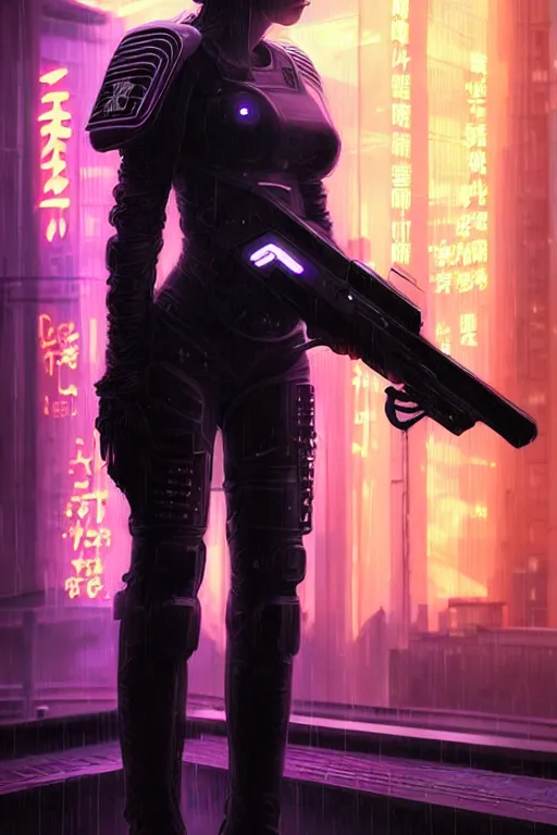 Image similar to portrait futuristic beautiful cyberpunk female armor police, in heavy rainning futuristic tokyo rooftop cyberpunk night, ssci-fi, fantasy, intricate, very very beautiful, elegant, neon light, highly detailed, digital painting, artstation, concept art, soft light, hdri, smooth, sharp focus, illustration, art by tian zi and craig mullins and WLOP and alphonse mucha