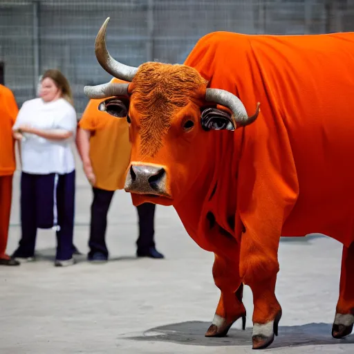 Image similar to bull wearing orange inmate clothes in a bullring