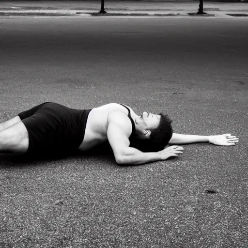 Prompt: a professional black and white studio photo of a large plump man failing to do a simple exercise lying flat on the ground crying he can't do it failure grainy sad tears depressing