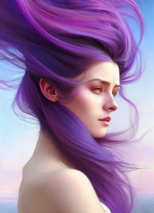 Image similar to Portrait of a woman with bright colored flying hair, all shades of purple. Hair coloring. Hair fluttering in the wind, amber eyes, face, long hair, fantasy, intricate, elegant, highly detailed, digital painting, artstation, concept art, smooth, sharp focus, illustration, art by artgerm and greg rutkowski and alphonse mucha