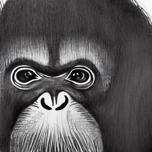 Prompt: a japanese ink block painting of an orangutan, 4 k, hyper realistic, dslr, high resolution, landscape, beautiful
