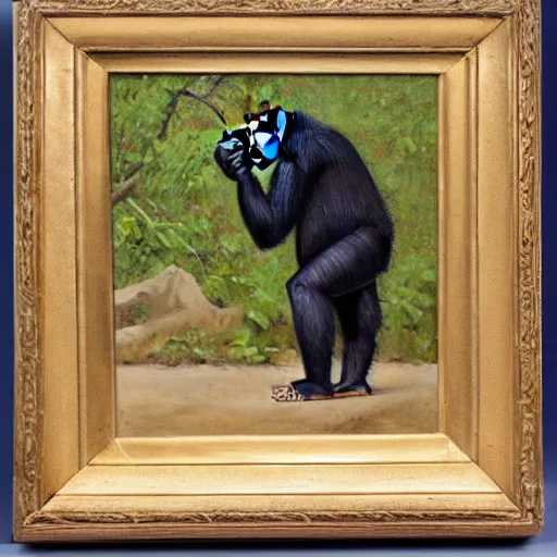 Image similar to Portrait of a Chimpanzee holding a camera in his hands, oil painting