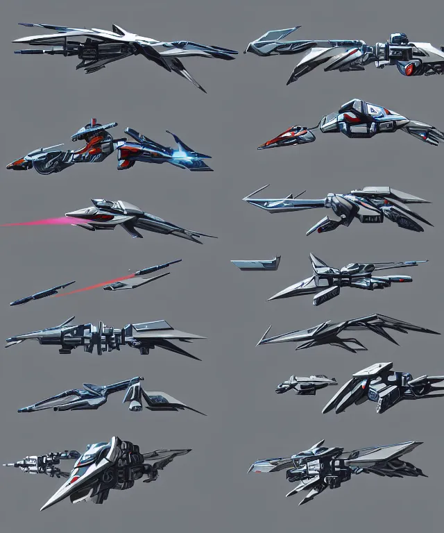 Image similar to 2 d shooter game concept art sprite sheet!!!, robotech gradius outer space concept art, hyperrealism, fine detail, 8 k, 3 d render, artstation contest winner, cgsociety, cryengine, zbrush, vray, no background