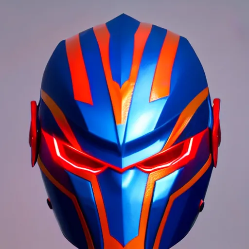 Prompt: High Fantasy Kamen Rider Helmet, red and blue color scheme, 4k, glowing eyes, daytime, rubber suit, dragon inspired pvc armor