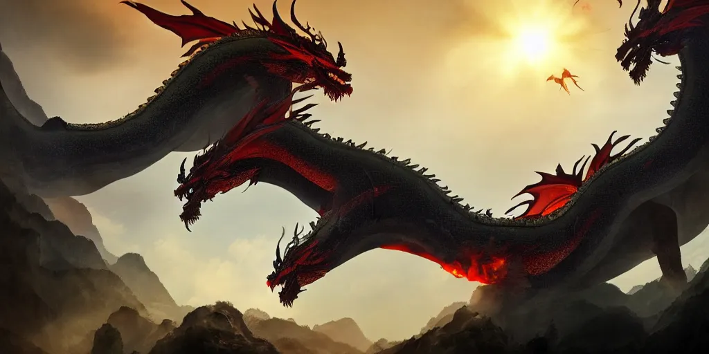 Image similar to two giant chinese dragons flying across the mountains fighting to the death, trending on artstation, digital art, fog, sun flare, fire, blood, rain, cut, bleeding, firebreathing, death