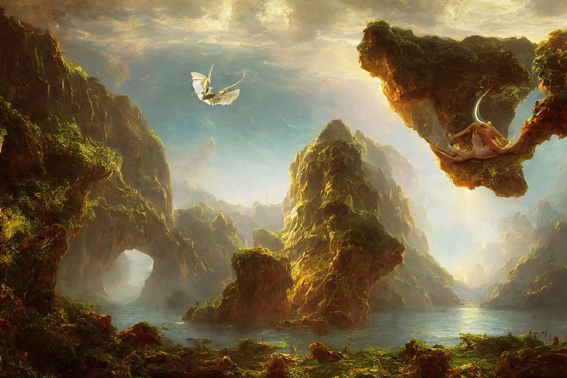 Prompt: impossible floating alien archipielago, concept art by albert biertadt, thomas cole, frederic edwin church, hudson river school, majestic, awe - inspiring, breathtaking