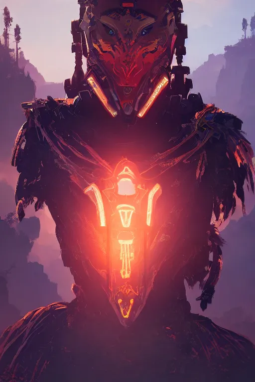 Image similar to combination suit armor aloy horizon forbidden west horizon zero dawn radiating a glowing aura global illumination ray tracing hdr fanart arstation by ian pesty and alena aenami artworks in 4 k tribal robot ninja mask helmet backpack