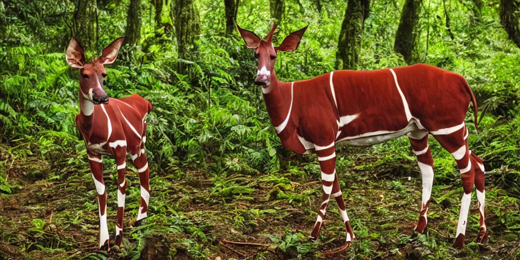Image similar to an okapi spotted in a rainy, wet, very green congo forest, majestic!!! beautiful!!!, ethereal!!! ultra realistic, golden hour, volumetric lighting, sharp focus