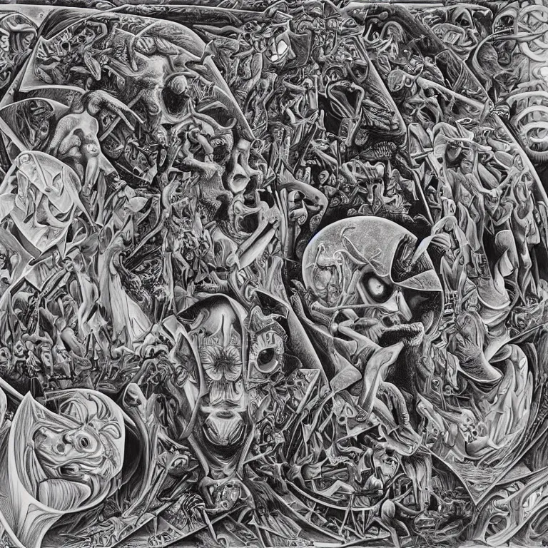 Image similar to meaning of death by Alex Grey and M. C. Escher collaboration