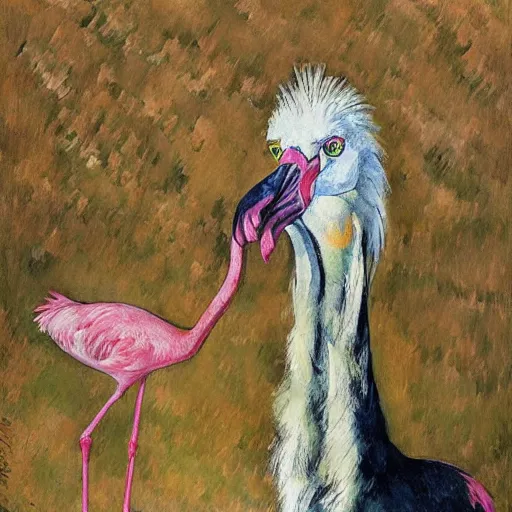 Image similar to shredded physique feathered tall neck beak Portrait of Samuel Beckett camouflaged as Flamingo whilst wearing a pink tuxedo Standing atop a Garbage Truck Greg Rutkowski Eric Ravilious Paul Cezanne Andrew Wyeth Jamie Wyeth