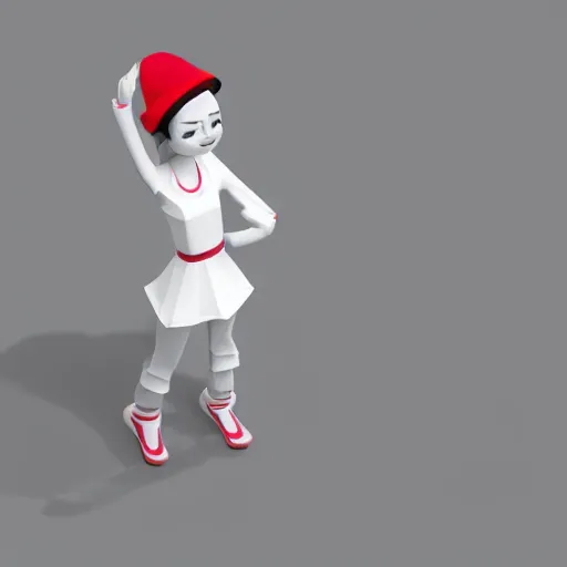 Image similar to Isometric 3d render of a mime girl, white background, ambient occlusion, cute, chibi proportions, low poly