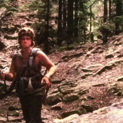 Prompt: a screen capture of found footage video left behind by a missing hiker in 1986