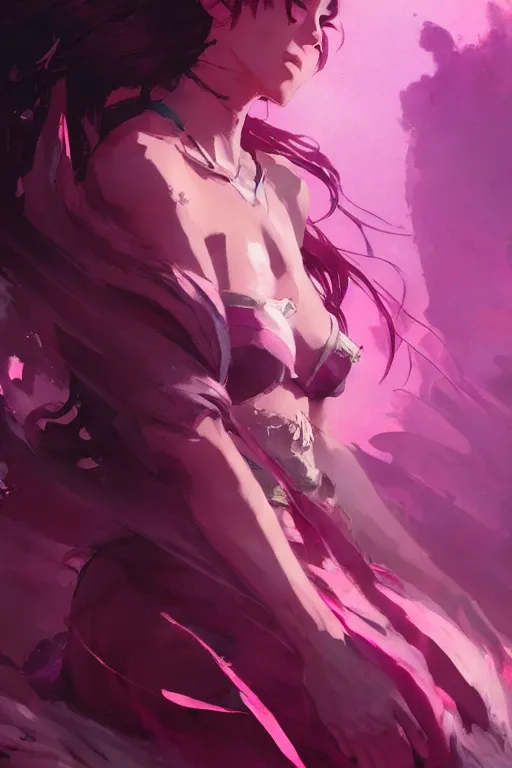 Image similar to A beautiful goddess, with shoulder length mid-length magenta hair, dramatic lighting, dramatic atmosphere, subtle and detailed, by Dustin Nguyen, Akihiko Yoshida, Greg Tocchini, Greg Rutkowski, Cliff Chiang, 4k resolution, heavy contrast, trending on artstation