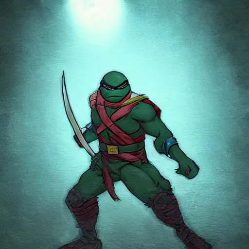 Image similar to ninja turtle raphael dim studio lighting, at night, ( ( photograph ) ), moody, realistic, detailed, low light, skin tinted a warm tone, light blue filter highly detailed, painting, red and black color palette, intricate, high quality anime artstyle, scenic view