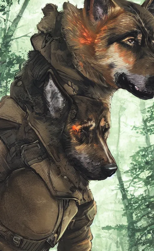 Image similar to close up character portrait icon of the german shepard beast - man military uniform head animal person wearing clothes standing in the bright forest, hidari, color page, tankoban, 4 k, tone mapping, akihiko yoshida