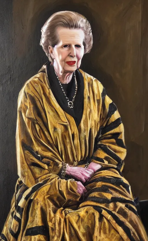 Image similar to an oil portrait of margaret thatcher in ceremonial robe keeping distressed servals in chains at her feet, high quality, artstation, higly detailed, dark lighting