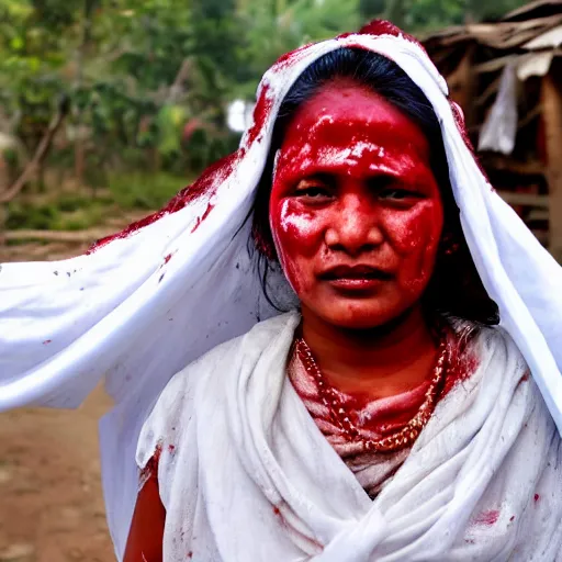 Image similar to a nepali woman wearing a white shawl covered in blood, realistic