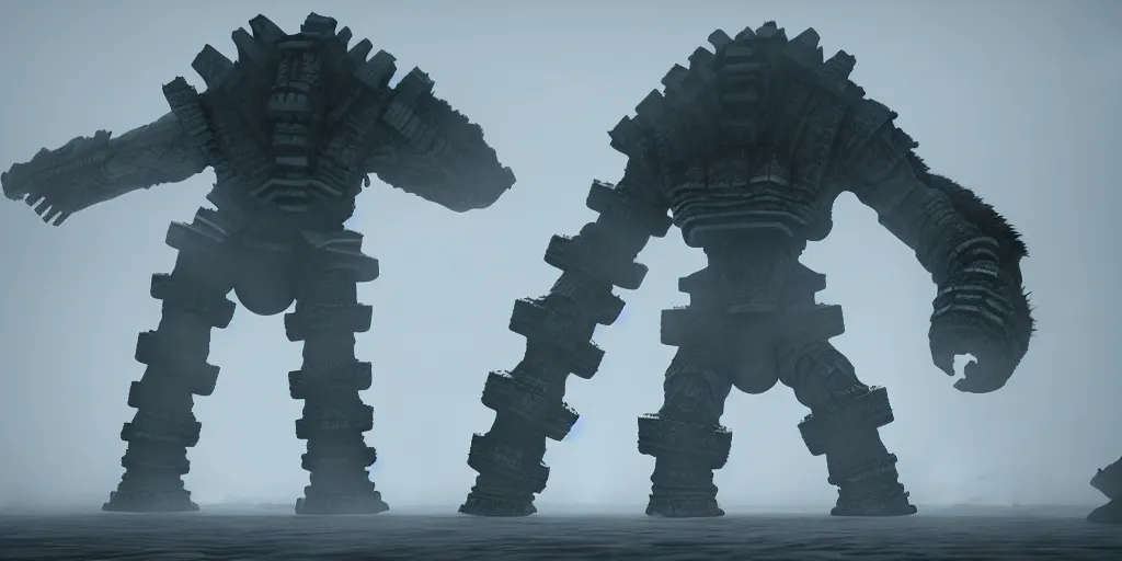 Image similar to colossus from shadow of the colossus with a white fur, fog, dark, fantasy, shadow of the colossus screenshot, unreal engine, digital art