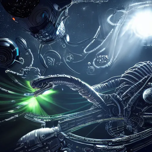 Prompt: an alien battle in space, intricate, ultra detailed, intricate, 8 k, in the style of mark cooper