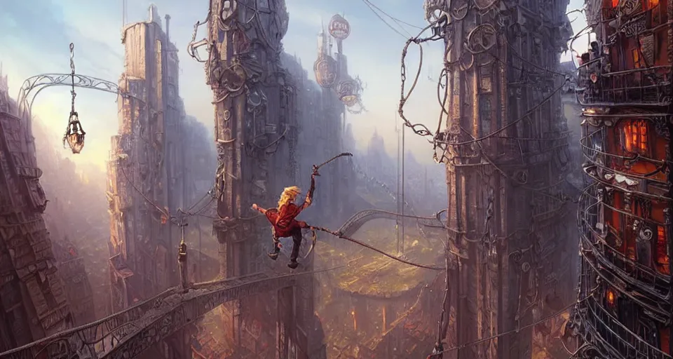 Image similar to landscape painting of a blonde boy thief in leathers using a rope to climb a tall metal steampunk buildings within a fantasy city with bridges, fine details, andreas rocha, magali villeneuve, artgerm, rutkowski